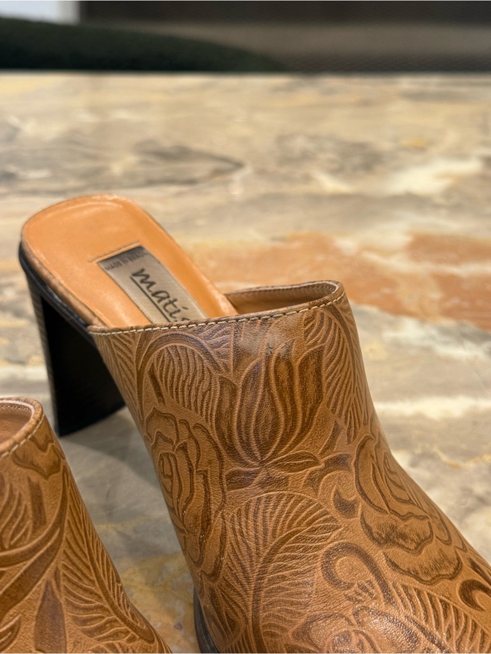 Vintage Matisse Cognac Tooled Leather Square Toe Mule Heels Size 8 Boho Western - Picture 4 of 9